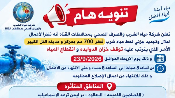 انقطاع المياه عن التل الكبير الأربعاء المقبل لتنفيذ أعمال إحلال وتجديد