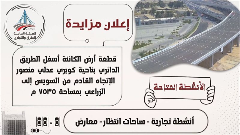 الطرق والكباري تطرح قطعة أرض للاستغلال أسفل الطريق الدائري بجوار كوبري عدلي منصور