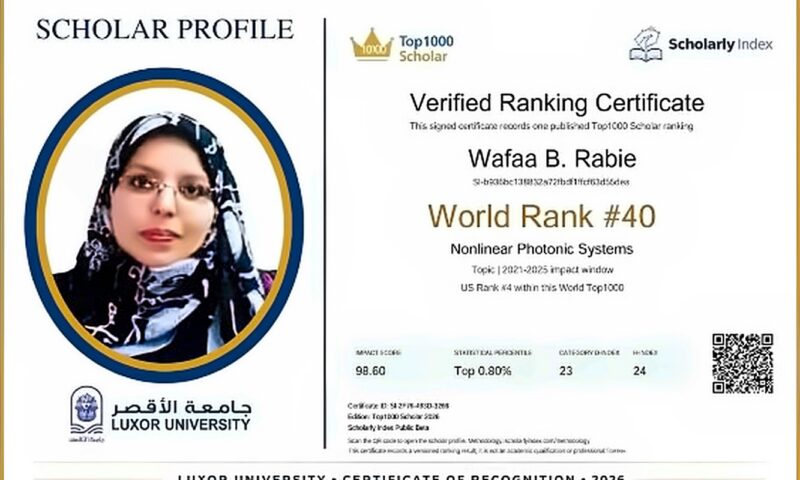 جامعة الأقصر تهنئ باحثة بتحقيق المركز الـ40 عالميا والرابع أمريكيا في أنظمة الفوتونات اللاخطية