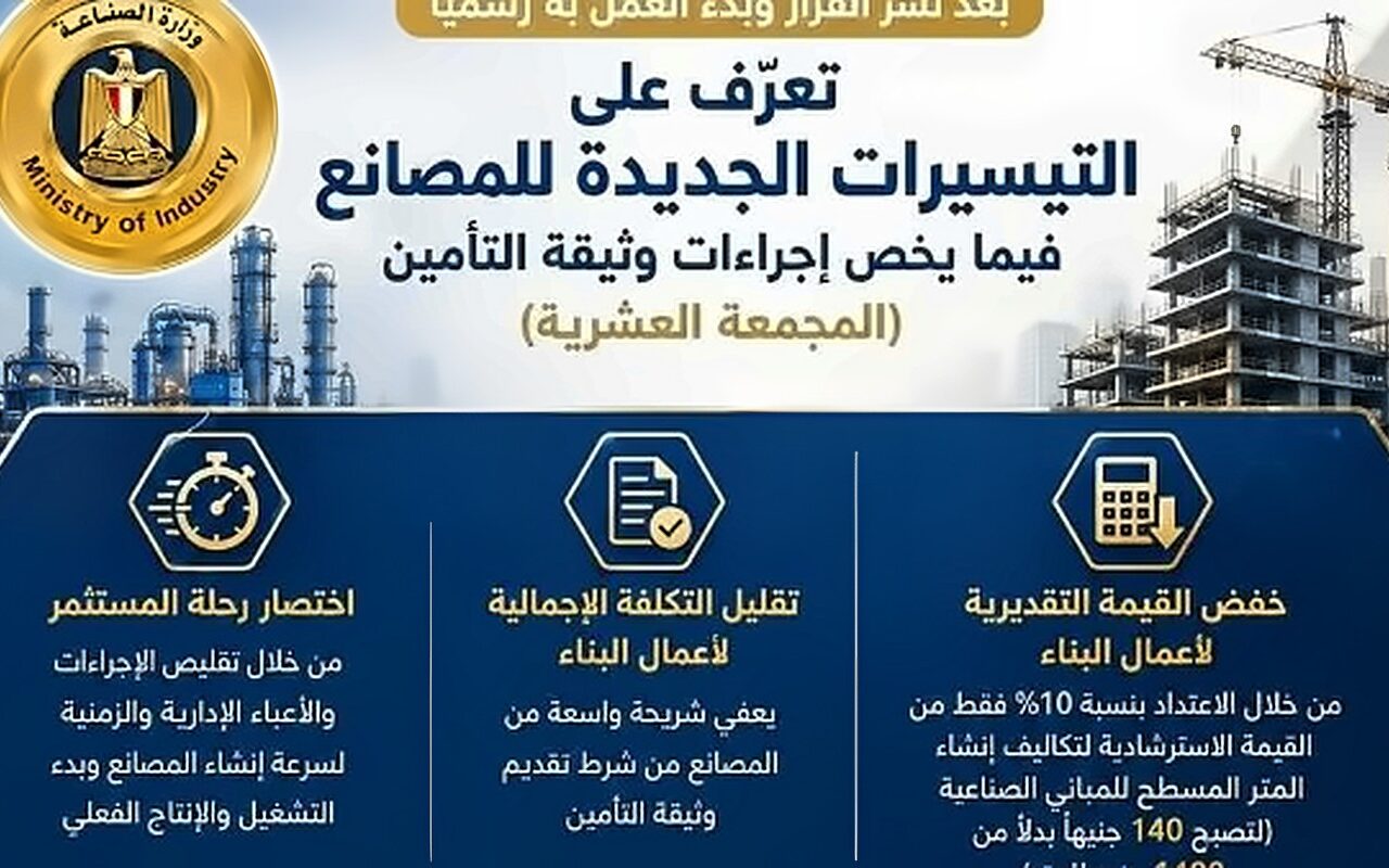 وزارة الصناعة: تيسيرات جديدة للمصانع بشأن إجراءات وثيقة التأمين «المجمعة العشرية» بعد بدء العمل بالقرار المنظم