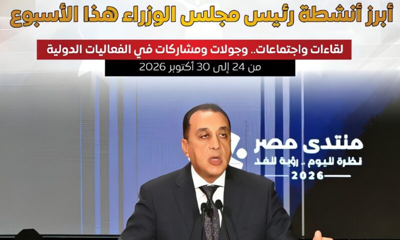 بالإنفوجراف .. المركز الإعلامي لمجلس الوزراء يستعرض أبرز أنشطة رئيس مجلس الوزراء هذا الأسبوع