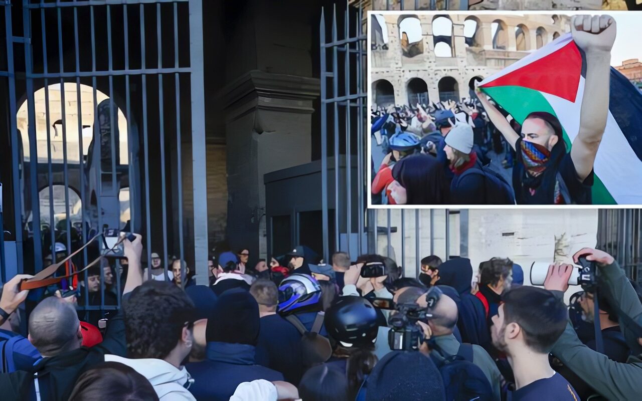 بأعلام فلسطين.. متظاهرون يقتحمون الكولوسيوم الروماني خلال احتجاجات إيطاليا