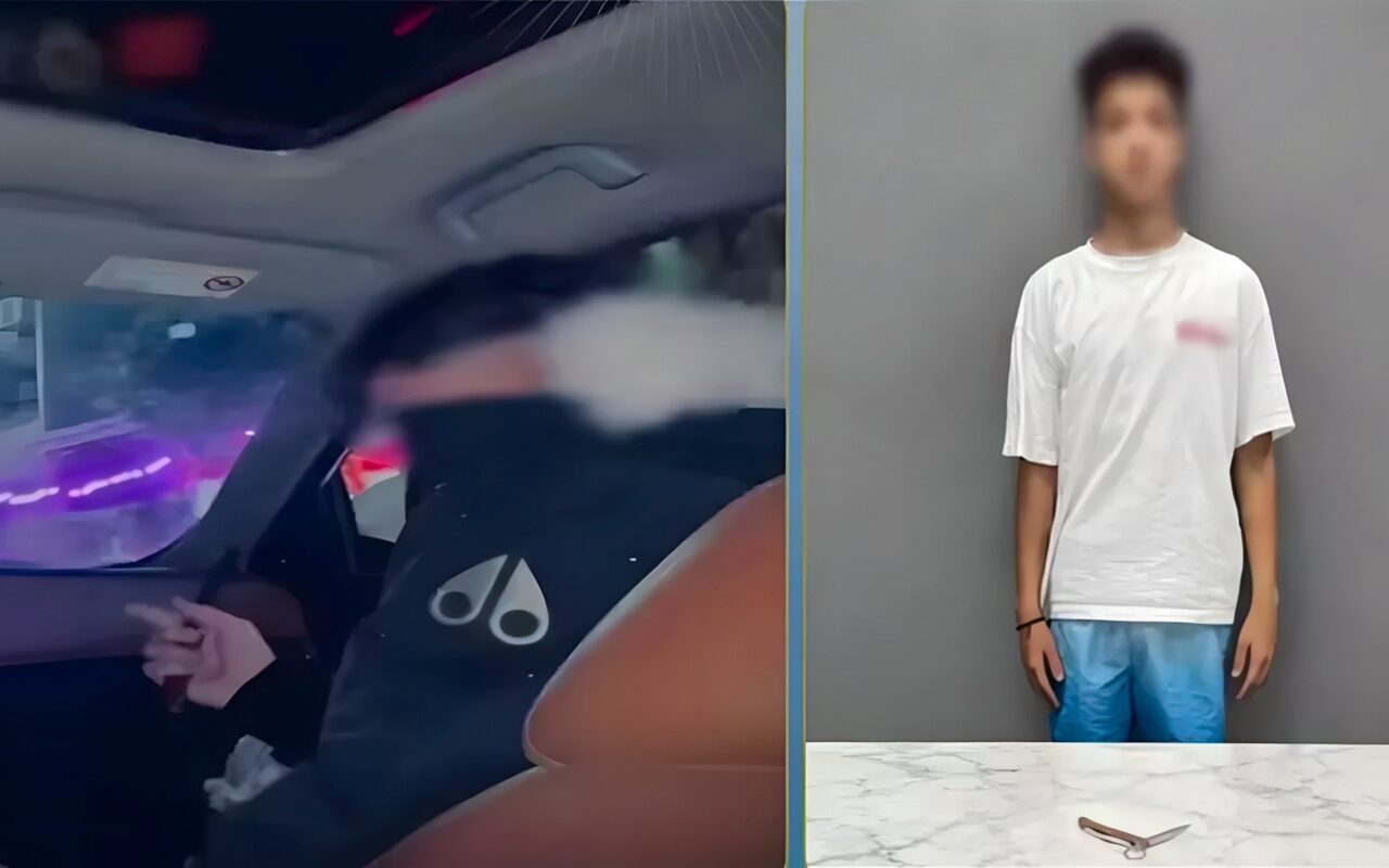 طالب يلوح بسلاح أبيض من داخل سيارة ملاكي في القاهرة، والأمن يضبطه