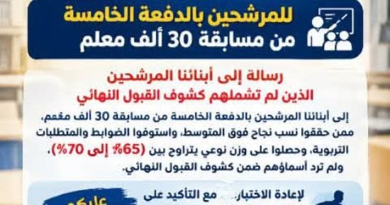 وزارة التعليم تزف بشرى للمستبعدين من الدفعة الخامسة بمسابقة «30 ألف معلم»