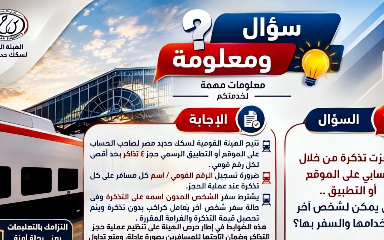 سؤال ومعلومة.. هل يمكن لشخص آخر استخدام تذكرة قطار محجوزة عبر حسابك؟.. تفاصيل