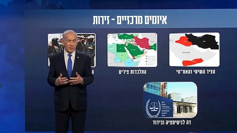 فيديو.. نتنياهو ينشر خريطة تحالفات المنطقة: 3 محاور تتكتل لتتنافس وسباق مع مصر