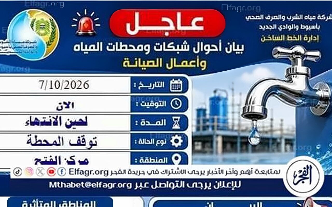 عطل مفاجئ بمحطة مياه الطوابية بالفتح فى أسيوط مساء اليوم