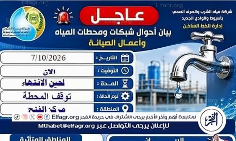 عطل مفاجئ بمحطة مياه الطوابية بالفتح فى أسيوط مساء اليوم