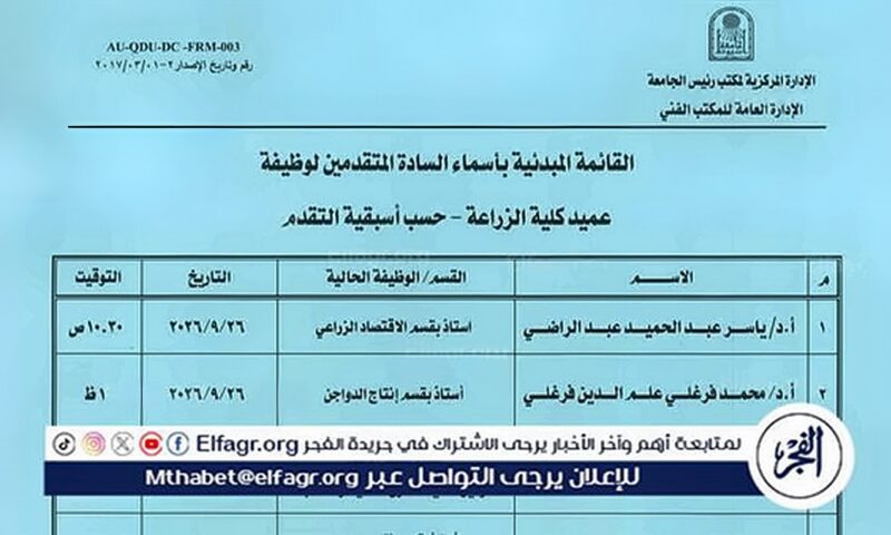 جامعة أسيوط تُعلن القائمة المبدئية للمتقدمين لشغل منصب عميد كلية الزراعة