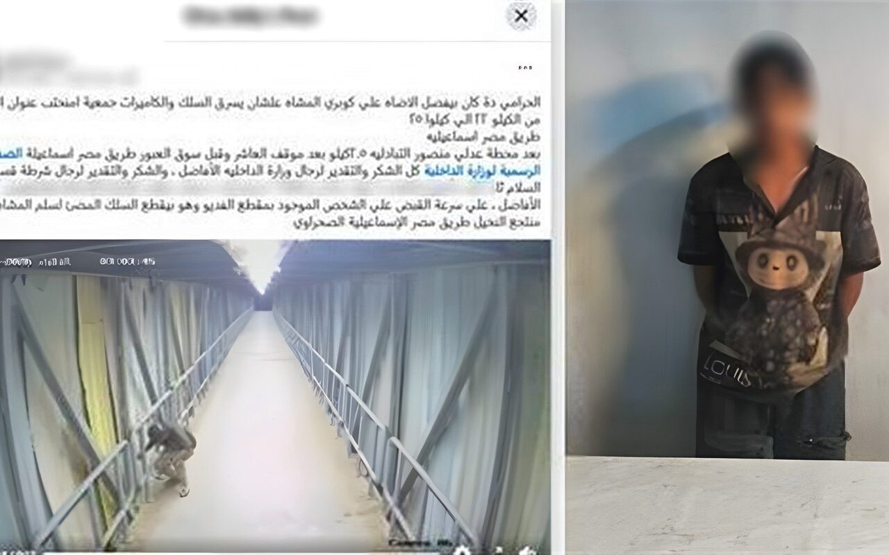 ضبط عاطل حاول سرقة أسلاك كهرباء وكاميرات مراقبة من أعلى كوبري مشاة بالسلام