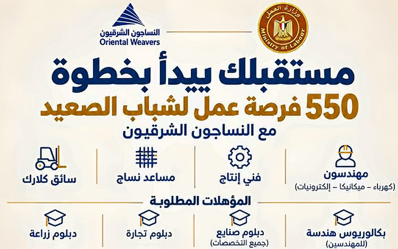 العمل تعلن شروط وتفاصيل 550 فرصة تشغيل بالصعيد