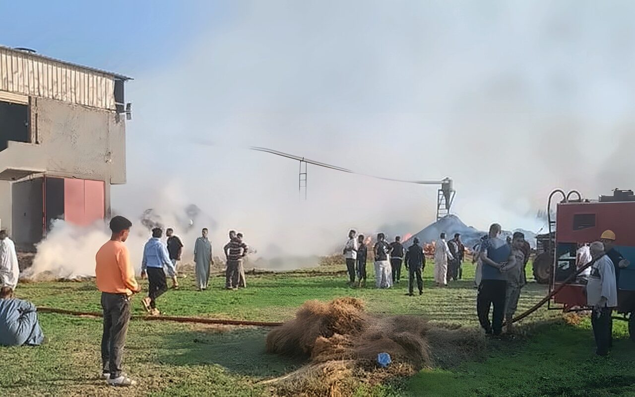 اللحظات الأولى لاندلاع حريق هائل داخل مصنع كتان ميت حبيب في الغربية (فيديو)