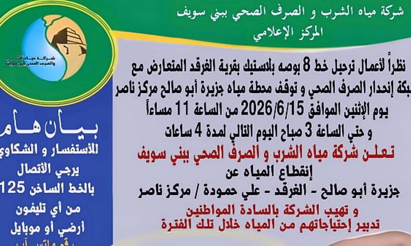 لمدة 3 ساعات.. مياه بني سويف تعلن ضعف الخدمة غدا بمركز ومدينة ببا