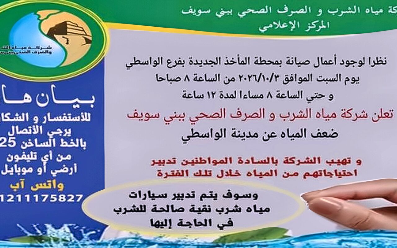 اليوم.. ضعف المياه عن مدينة الواسطى ببنى سويف 12 ساعة بسبب أعمال الصيانة