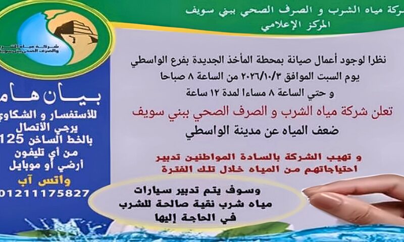 اليوم.. ضعف المياه عن مدينة الواسطى ببنى سويف 12 ساعة بسبب أعمال الصيانة