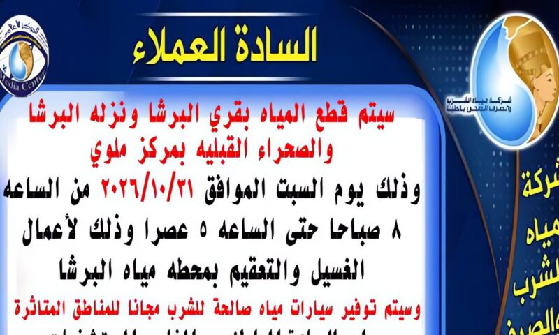 اليوم.. قطع المياه عن عدد من قرى ملوى بالمنيا بسبب أعمال الصيانة