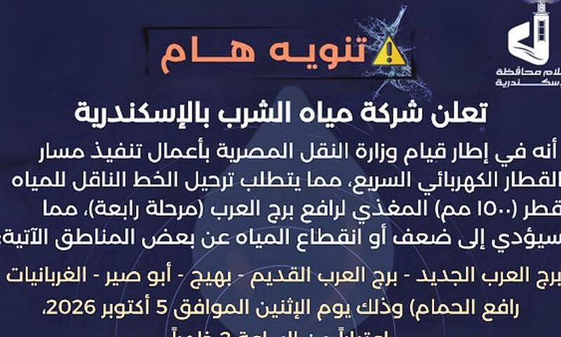 ضعف وانقطاع المياع غربي الإسكندرية بسبب تنفيذ القطار الكهربائي السريع