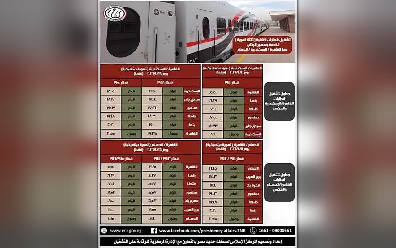 السكة الحديد تعلن تشغيل قطارات إضافية على خط القاهرة–الإسكندرية–الحمام لخدمة الركاب