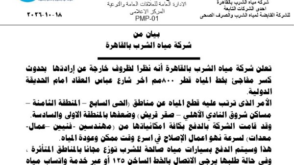 من بينها الحي السابع..قطع المياه عن مناطق بمدينة نصر