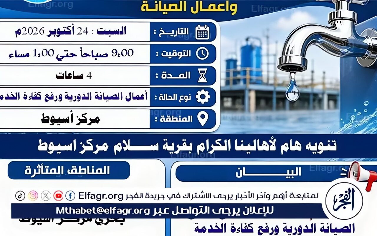 انقطاع المياه عن قرية سلام فى أسيوط لمدة 4 ساعات غدا