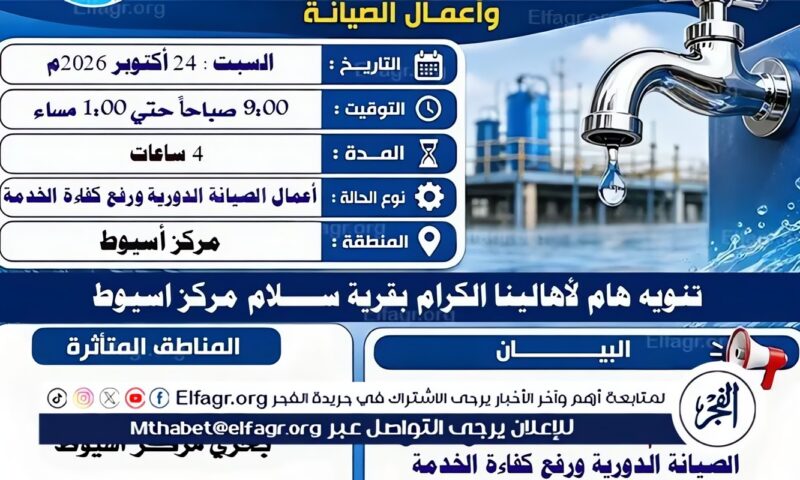انقطاع المياه عن قرية سلام فى أسيوط لمدة 4 ساعات غدا