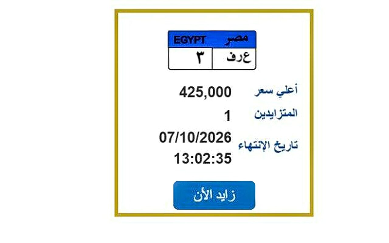 425 ألف جنيه سعر لوحة «ع ر ف 3» في مزاد بوابة مرور مصر